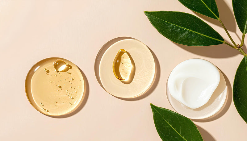 Produits de soin du visage disposés à plat, sérum et crème d'une routine skincare